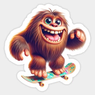 Son of Sasquatch Skateboarding | Little Bigfoot Skating and Smiling on a Skateboard Sticker